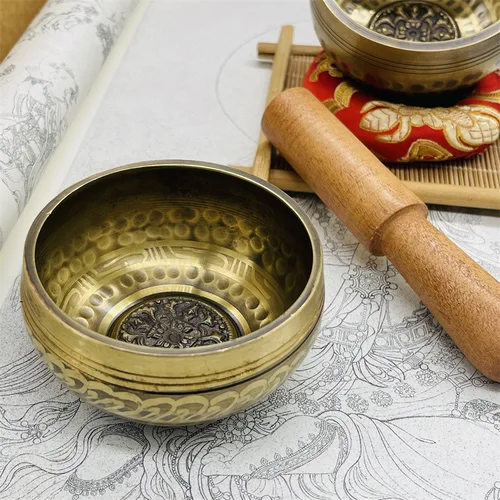 Cuenco tibetano de latón, sanskrit para sonido, hecho a mano, Yoga, meditación, curación, alivio del estrés, instrumento de atención plena de Buda