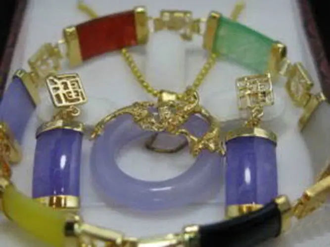 

Pretty multicolor jade pendant earring bracelet se 18K gold plated watch wholesale Quartz stone CZ crystal Jewelry set