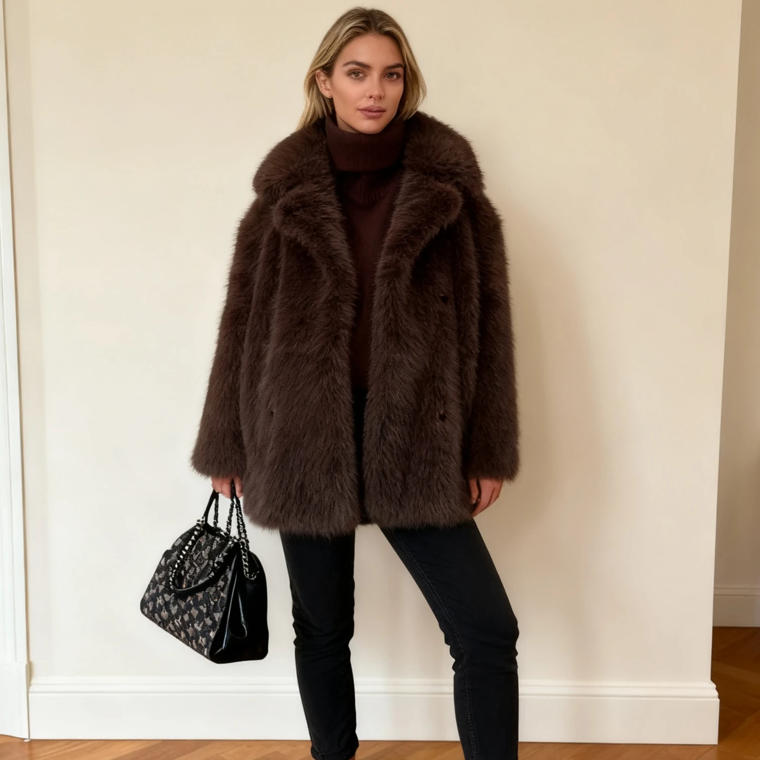 معاطف فرو صناعي للنساء سترات متوسطة الطول بأكمام طويلة وياقة مقلوبة وغرزة مفتوحة فضفاضة للعمل غير رسمية للمكتب للسيدات للخريف والشتاء #4