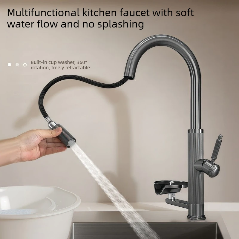 Stainless Steel Kitchen Hot and Cold Pull-Out Faucet with Built-in Cup Washer, Sink Faucet, Gun Gray Rotatable Faucet