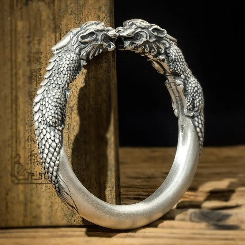 Wide Silver Pixiu Bracelet Men, Trendy Fashionable Vintage Open Bangle, Weighted Version