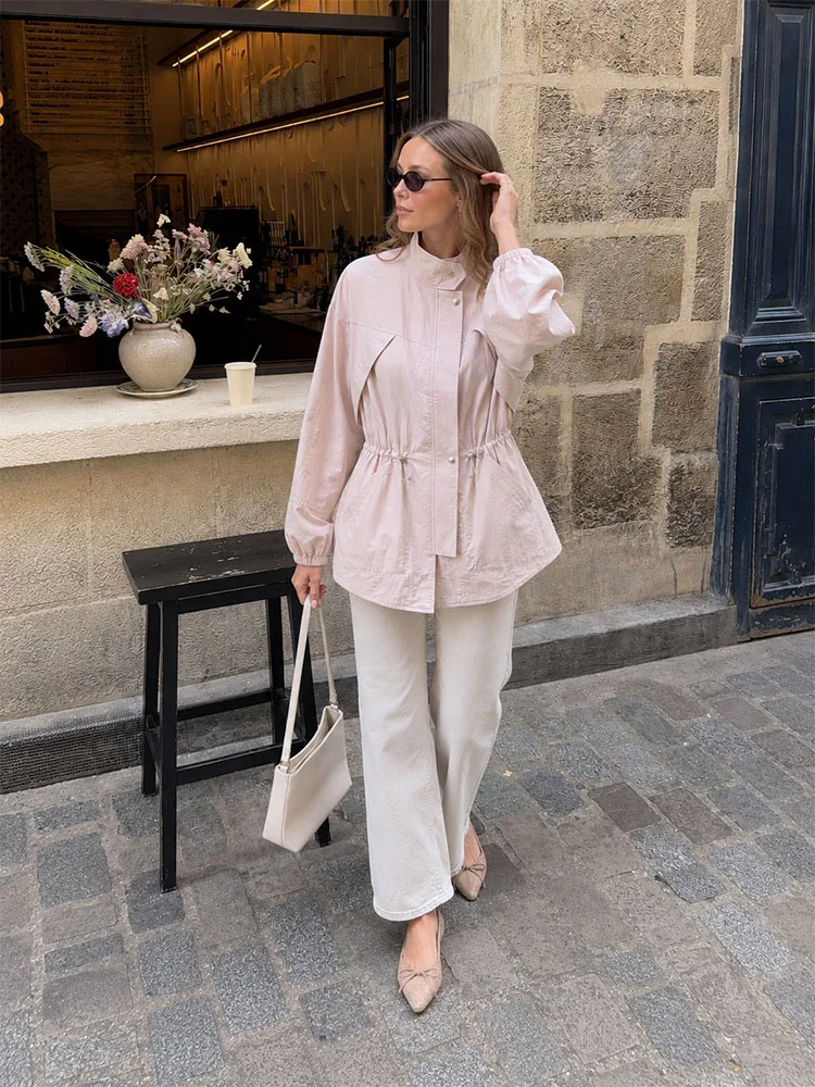 Chaqueta de Mujer para Primavera/Otoño, Color Rosa Pálido, Cuello Alto, Cintura Ajustable con Cordón, Manga Larga, Corte Holgado, Ideal para Vacaciones y Actividades al Aire Libre