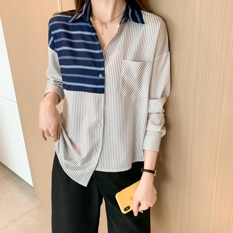 

Women Spring Contrast Style Spliced Shirt Chic Striped Tunic Turn-down Collar Fashion Loose Simple Blouse Pocket Top