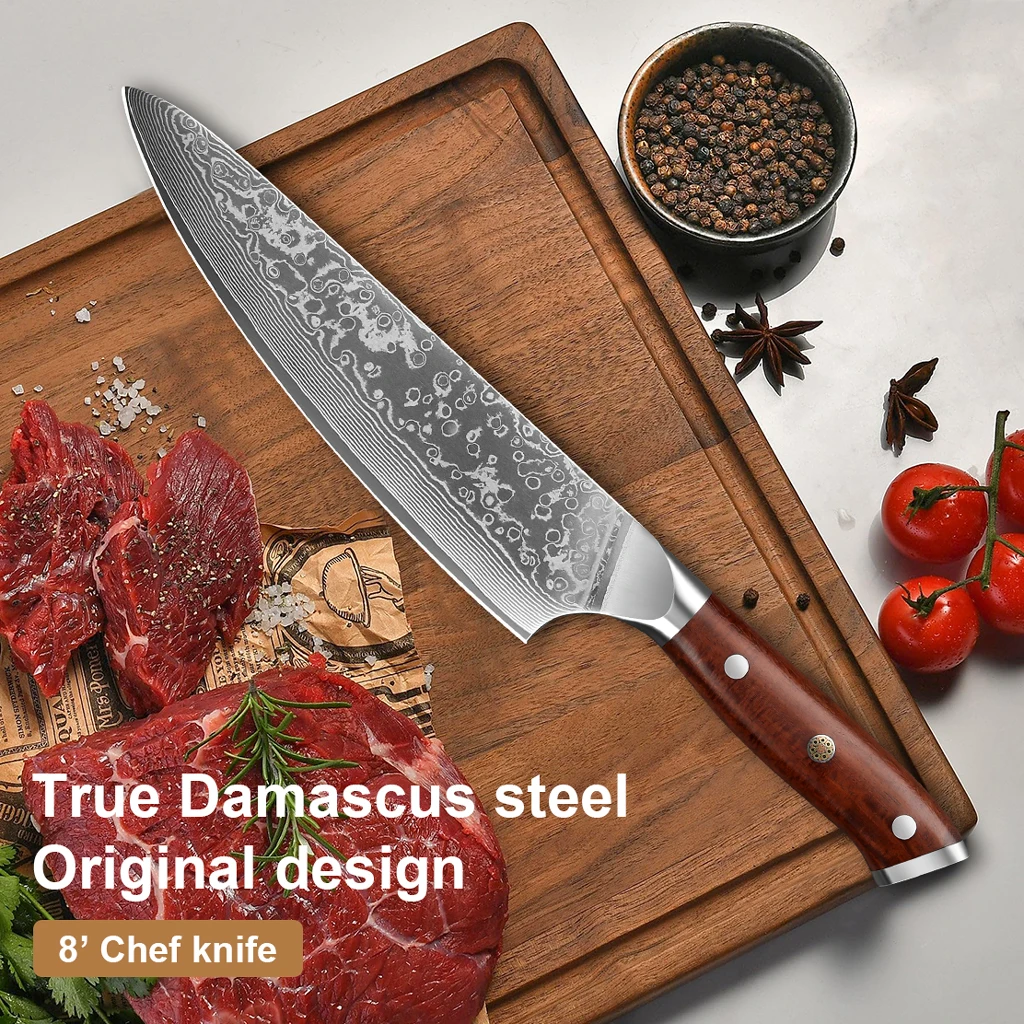 

8 Inch Chef Knife 67 Layers Damascus Steel Kitchen knife Vegetable Meat Cooking Tools Stabilized with Rosewood Handle