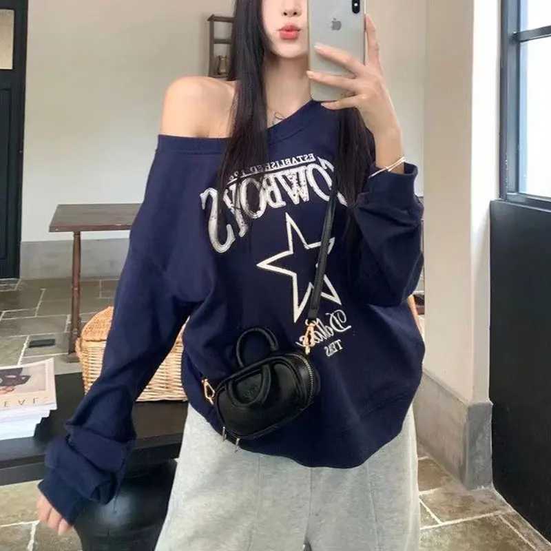 

Fashion Off Shoulder Hoodies Spring Autumn New Skew Collar Female Clothing Long Sleeve American Star Printed Letter Sweatshirts
