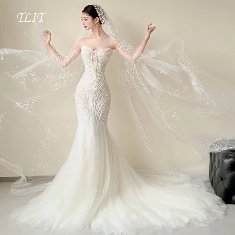 TLIT Lovely Ivory Lace Tulle Wedding Dresses Customized Sleeveless Pearls Bridal Gowns Korea Wedding Dresses Photos Shoot