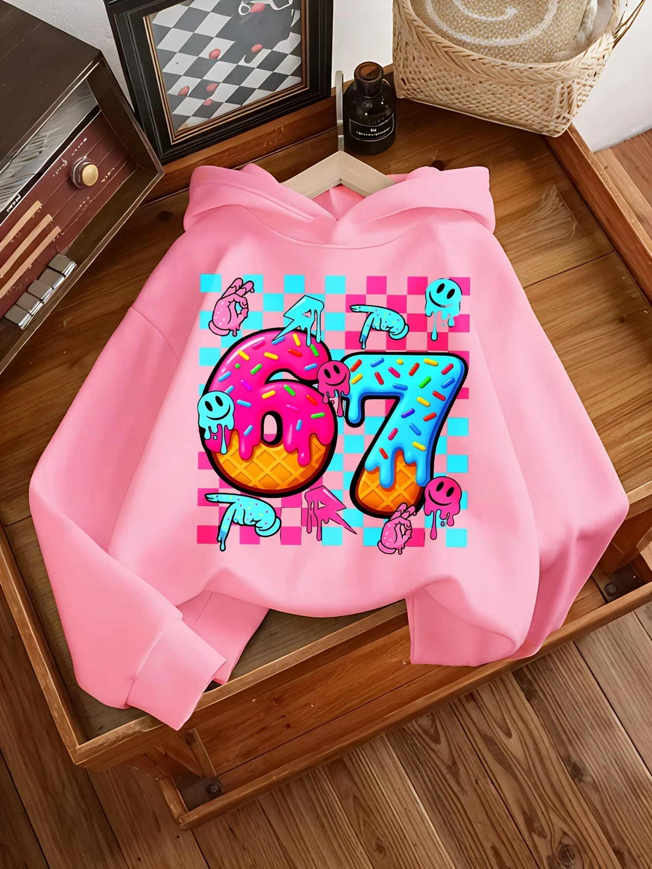 Kids Hoodie 67 Ice Cream Donut Drip Smiley Face Checkerboard Graphic Sweatshirt Girls Long Sleeve Hooded Pullover Y2K Streetwear