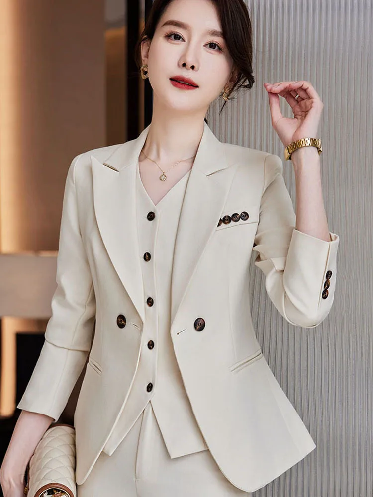 Women Formal Blazer Vest and Pant Suit Autumn Winter Navy Pink Apricot Office Ladies Business Work Career Wear 3 Pieces Set