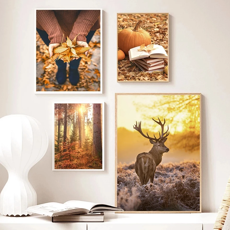 Deer Forest Squirrel Poster Pumpkin Book Woman Canvas Prints Autumn Landscaqpe Painting Nordic Wall Art Picture Livingroom Decor