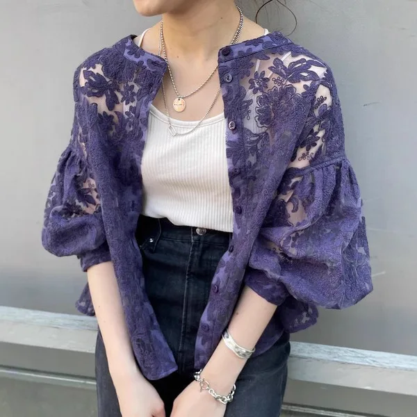 

Summer Embroidered Crochet Hollow Lace Lantern Sleeve Shirt For Women Simple Elegant Cardigan Top Outerwear