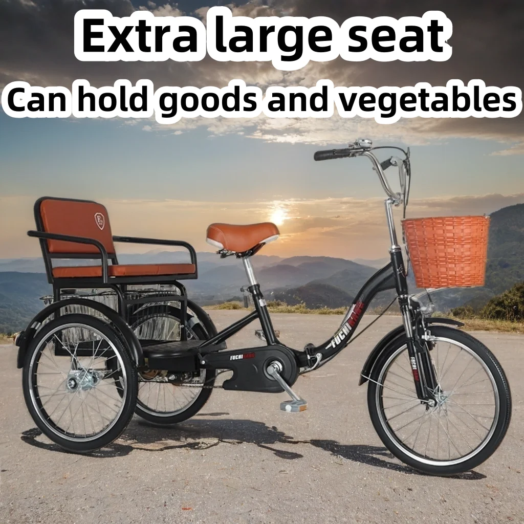 

High carbon steel frame,pedal folding tricycle, hydraulic shock-absorbing front fork, can carry people/cargo, rear holding brake