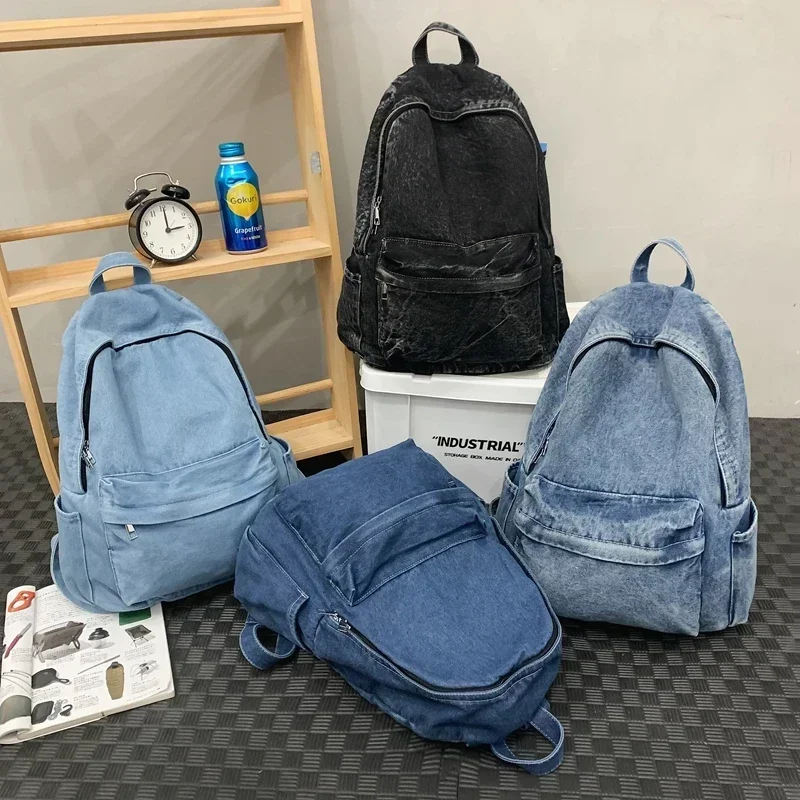 Mochila jeans de alta capacidade feminina, mochilas pendulares, bolsas com zíper, cor sólida simples, 2024