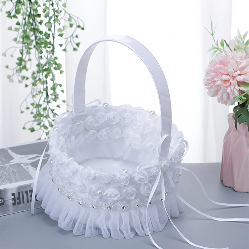 Lace Bowknot Flower Basket Party Home Decor-gift Woven Flower Girl Basket Hand-held Basket Elegant Wedding Supplies