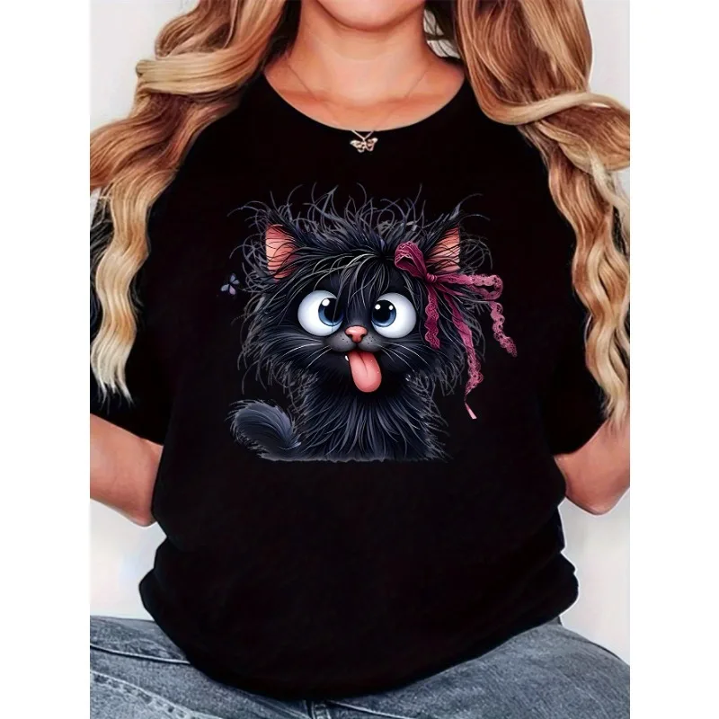 Ladies' Cute Kitten Pattern T-shirt Soft Summer Round Neck Top with Pink Accents and Emoticons Eyes Pet Enthusiasts Casual Style