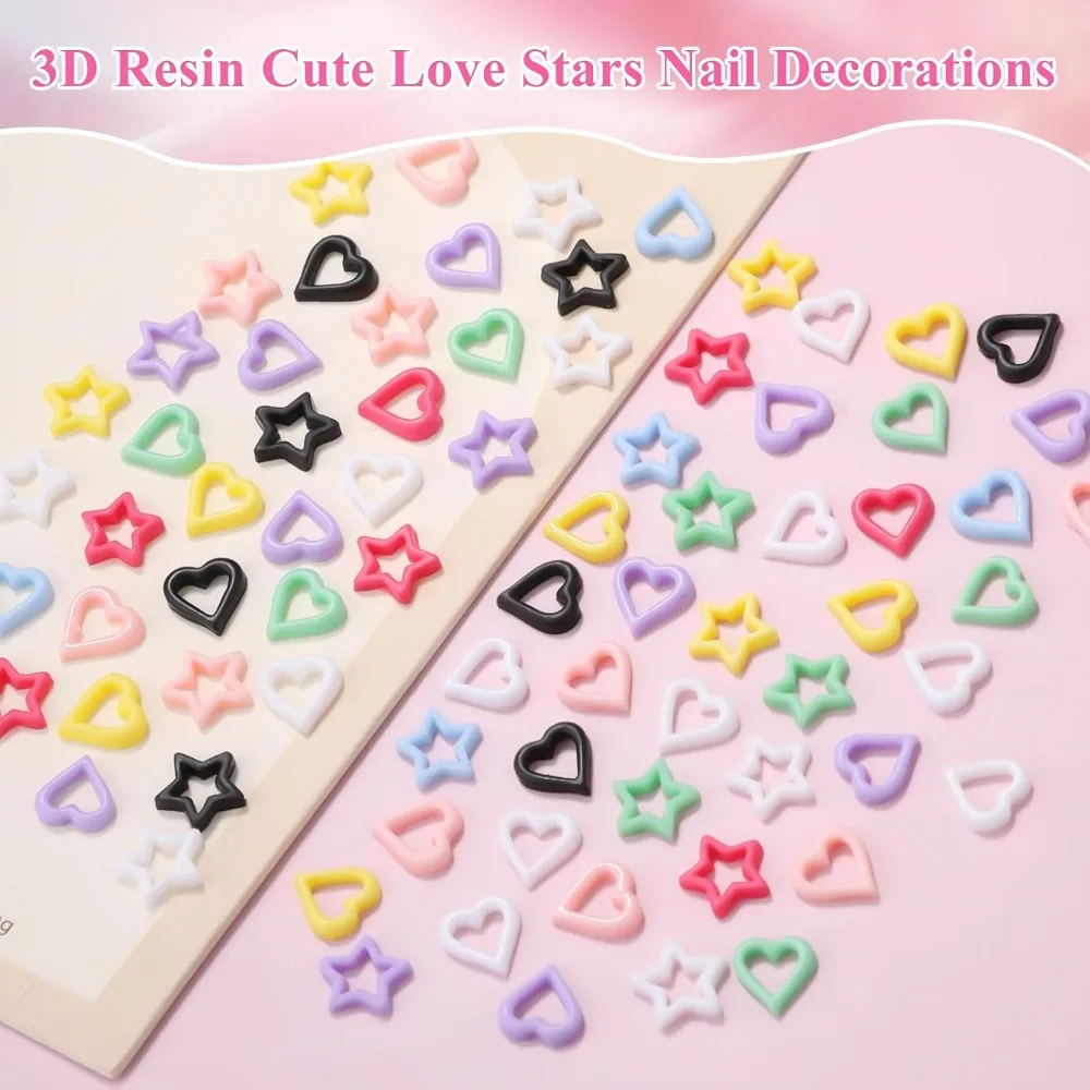 200PCS 3D Heart Star Resin Charms for DIY Nail Art and Craft Jewelry