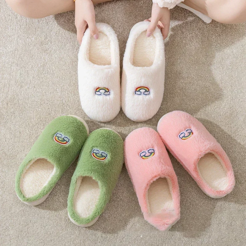 Winter Fleece Slippers Cute Rainbow Warm Anti-slip Home Cotton Shoes Comfortable and soft Platform Thick bottom Couple Slippers