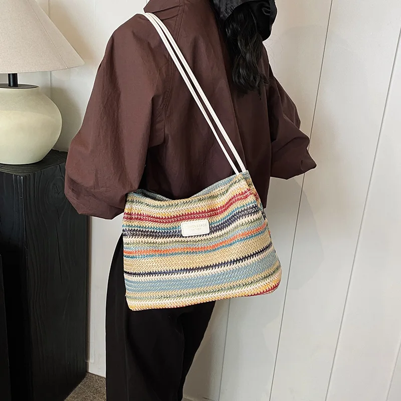 2024 New Women's Color Contrast Woven Bucket Bag Fashion Cross-body Bag Large Capacity Lady‘s Tote Bag