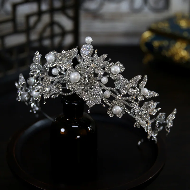 CC Exquisite Wedding Crown Dynamic Pearl Butterfly Luxury Bride Tiara Headwear Hair Accessories Party