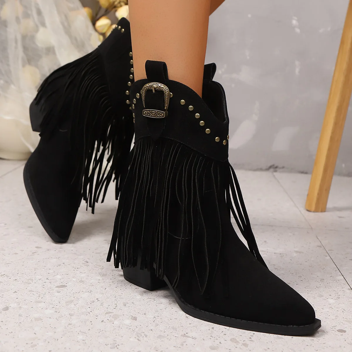 

Women Ankle Boots Autumn Suede Chelsea Boots Pointed Toe Tassel High Heel Shoe Rivet Fashion Retro Cowboy Boots Botas Mujer