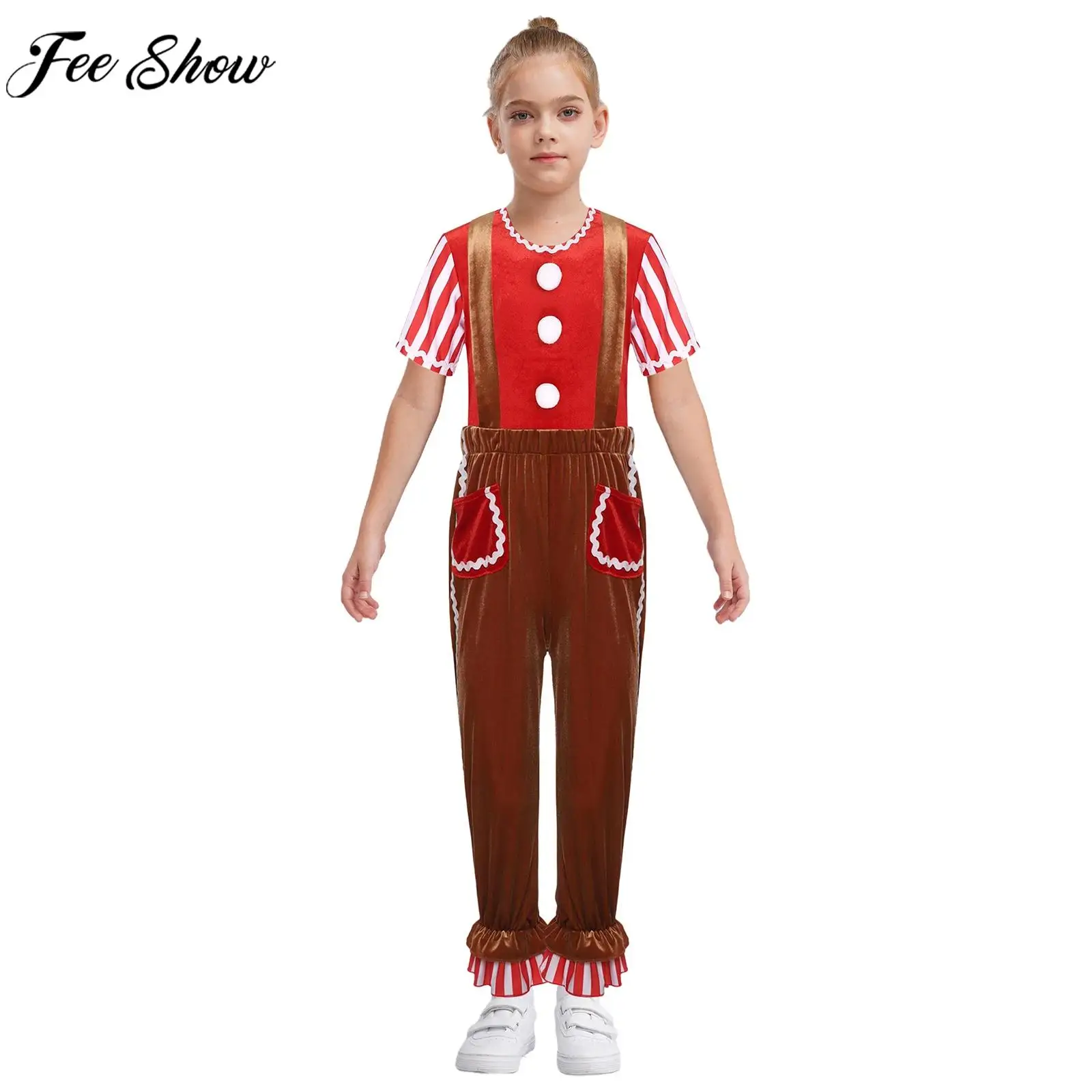 

Children Boy Girl Gingerbread Man Cosplay Costume Velvet Stripe T-shirt Suspender Pants for Christmas Xmas Halloween Theme Party