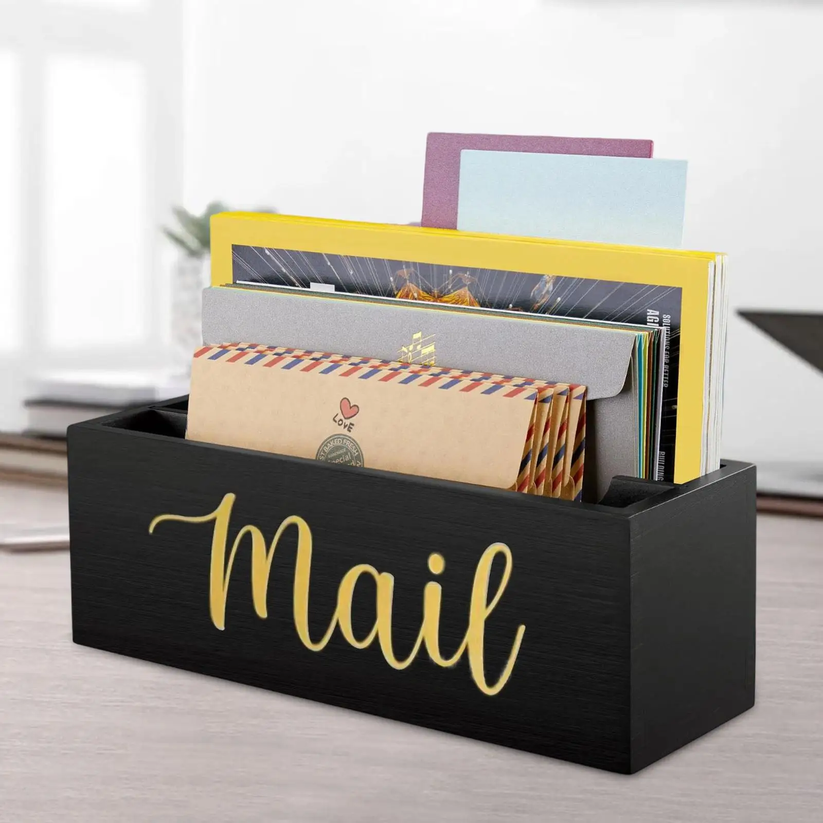Mail Holder Box, Mail Basket, Rustic Envelope Tray Basket with Divider, Letter Holder for Counter, Farmhouse