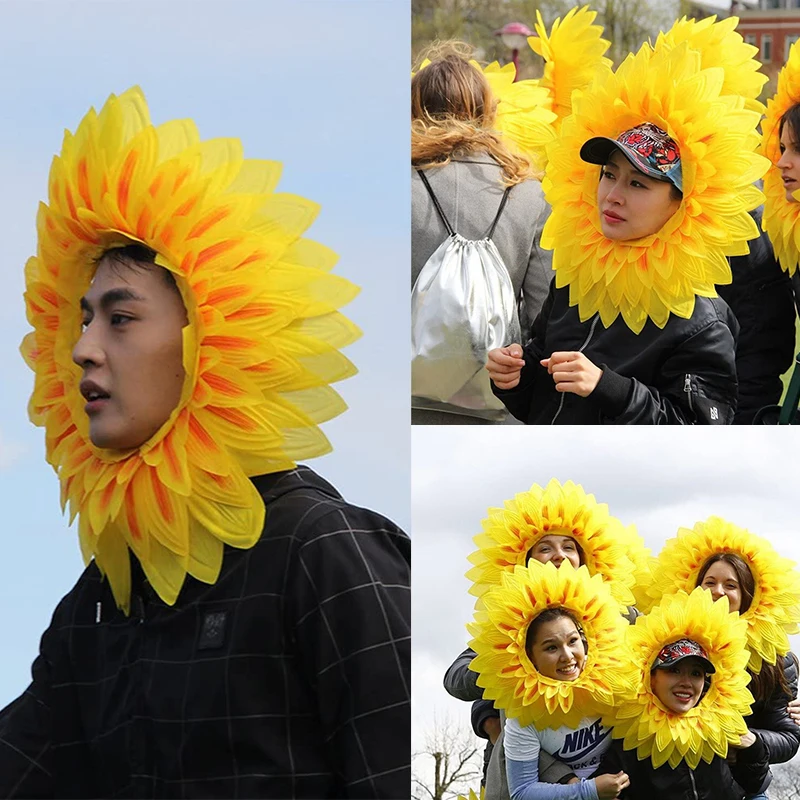 Sunflower Headgear, Funny Performance Props, Sunflower Hat Hood for Dance Party Festival Games Kids Teens Adults