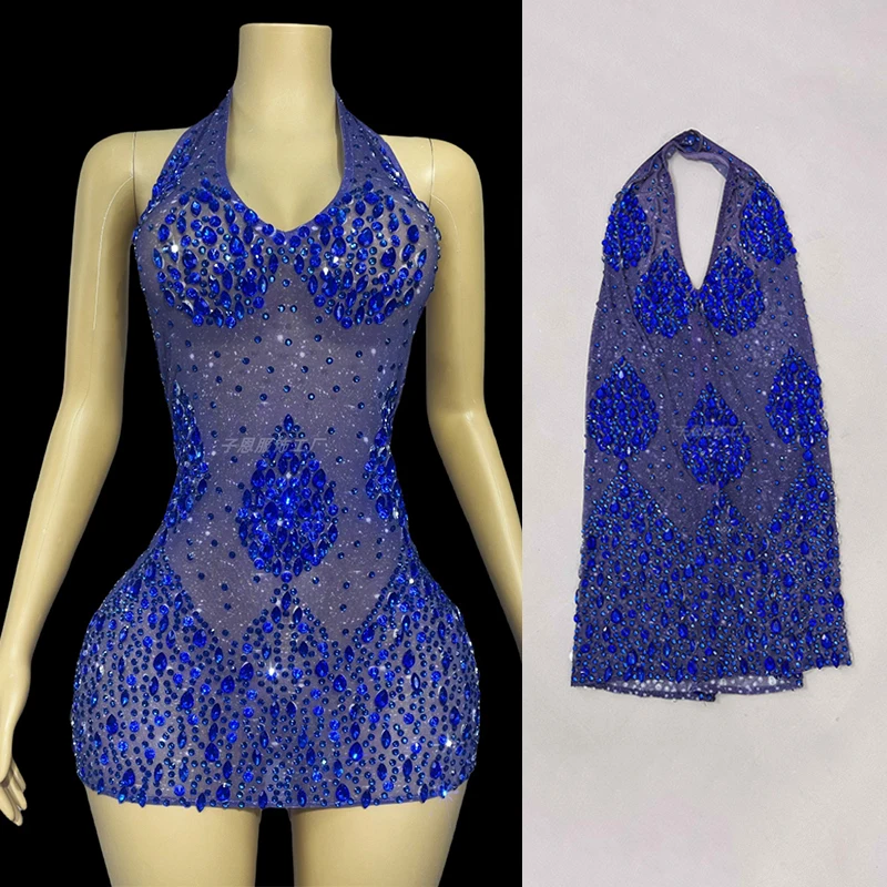 

Blue Rhinestone Party Dress Halter Short Dresses Women Stage Clothes Gogo Show Nightclub Club Rave Outfit Glitter Costume 2565