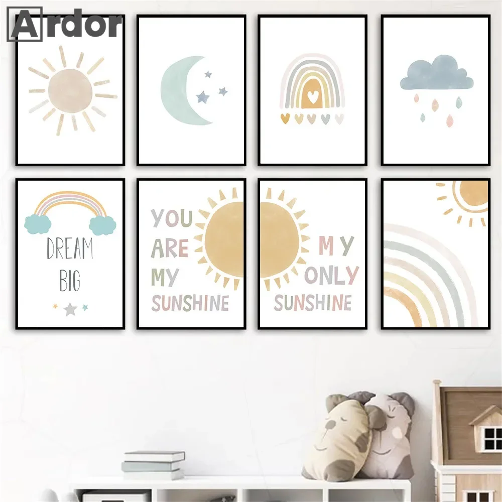 

Cartoon Sun Moon Cloud Rainbow Poster Canvas Painting You Are My Sunshine Nursery Wall Art Print Picture Baby Kids Room Decor