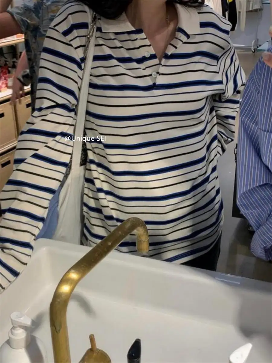 한국어 느슨한 streetwear 스트라이프 폴로 칼라 여성용 긴팔 티셔츠 봄 가을 새로운 캐주얼 모든 경기 여성 y2k top