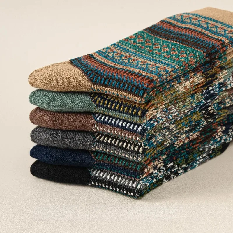 4 Pairs Women's Mid-Calf Socks Fall Winter Vintage Ethnic-Style Grip Cotton Socks Casual Loose Socks High Quality Hosiery