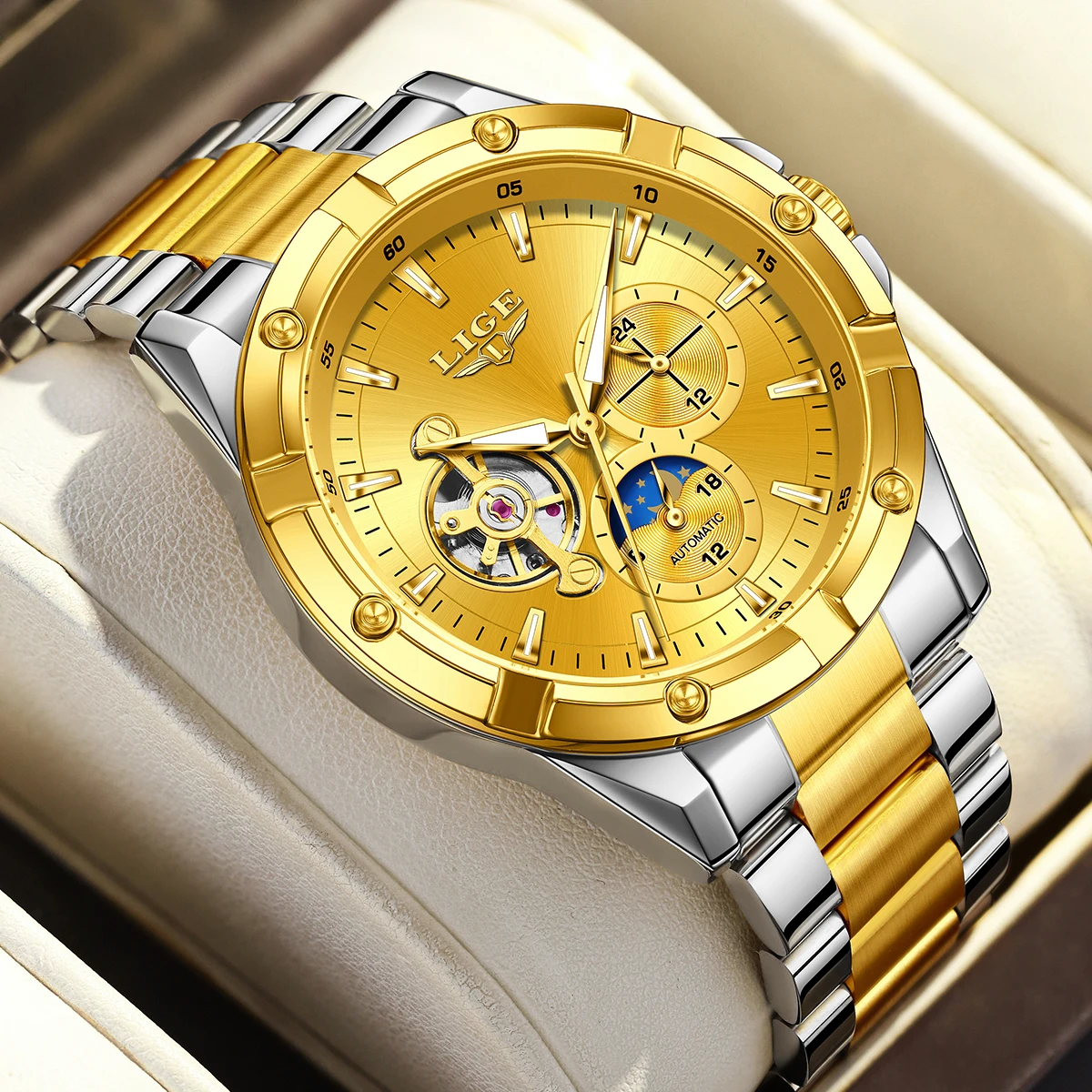 Relojes automáticos LIGE para hombre, reloj de pulsera mecánico con volante de inercia y esqueleto de lujo Original, reloj clásico con calendario para hombre de negocios