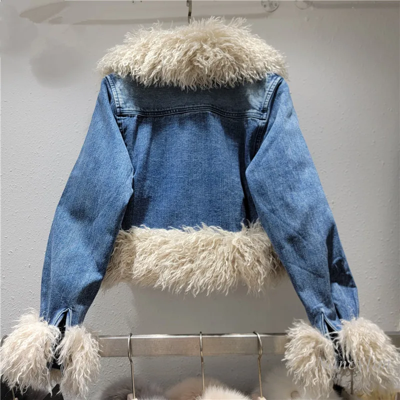 2024 Winter Warm Denim Parka Women's New Thickened Environmentally Friendly Fur Collar Jacket Retro Short Cotton-padded Coat