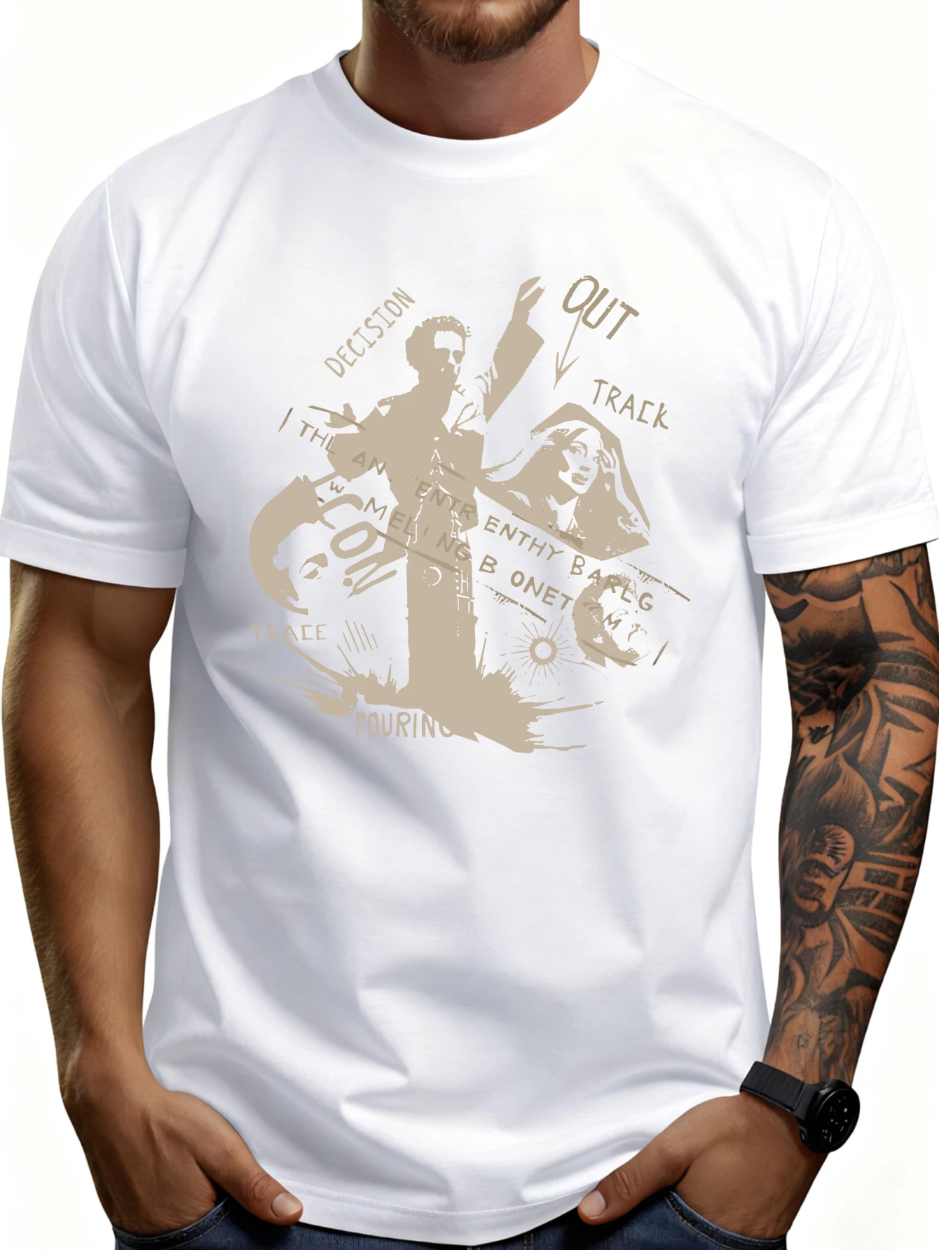 Casual Style Men's T-Shirt with a Graphic of a Dynamic Male and Female Pose, Featuring the Phrases 