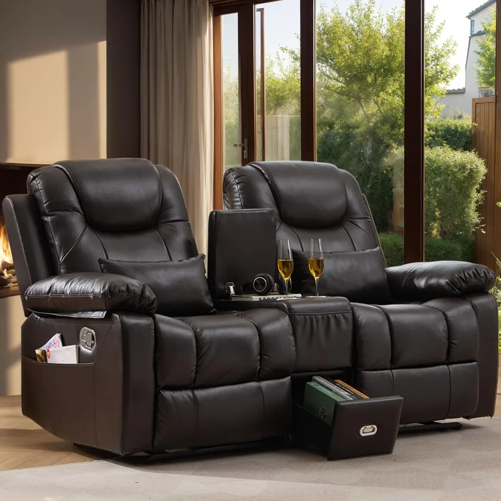 

Manual Loveseat Recliner Sofa with Center Console, Home Theater Seating Seats, Dual Movie RV Reclining Sofa Couch