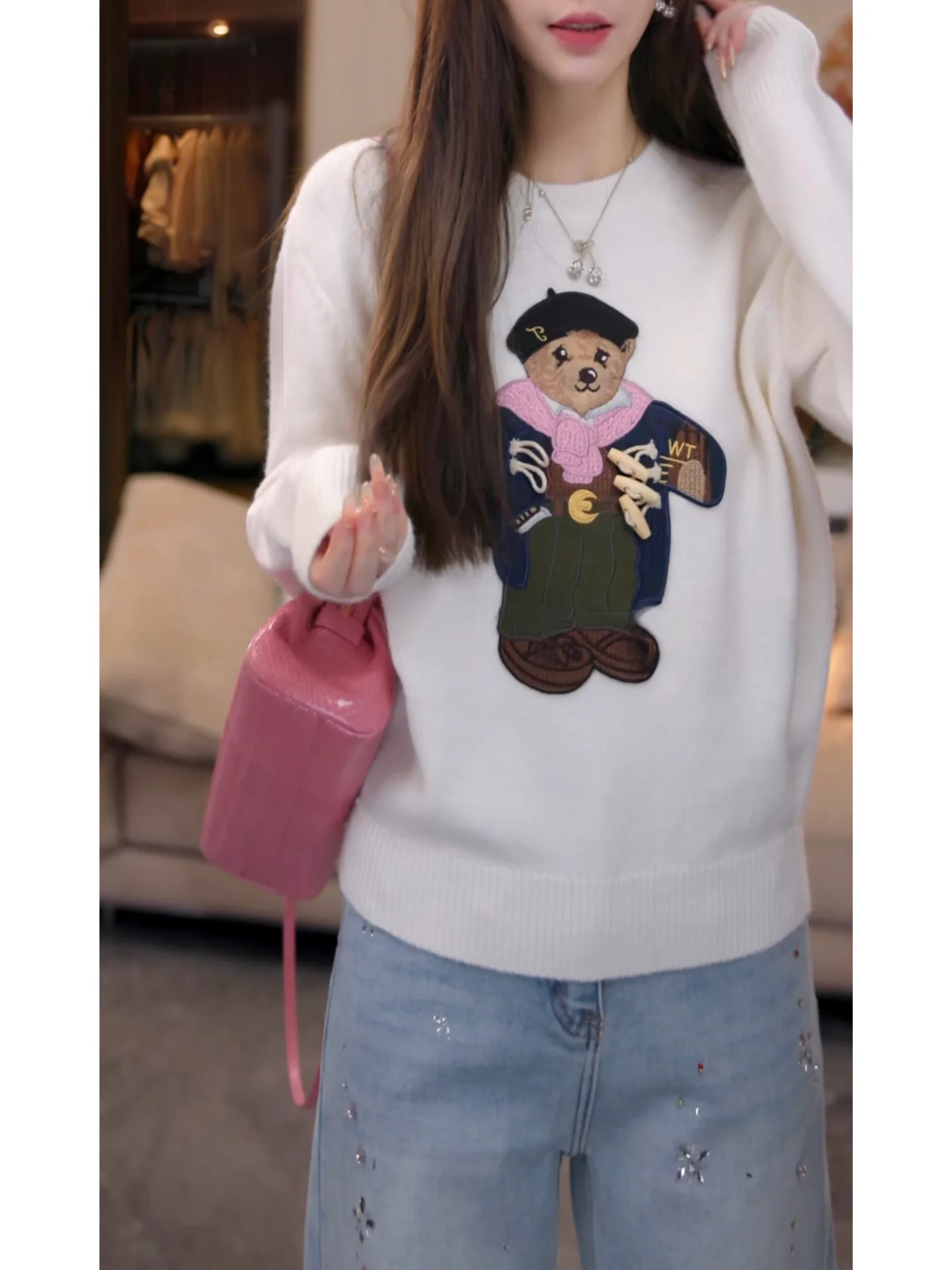 

Женский свитер Yulu из плотной шерсти, круглый вырез, длинный, вязаный, осенне-зимний, мягкий, с узором «Медведь»