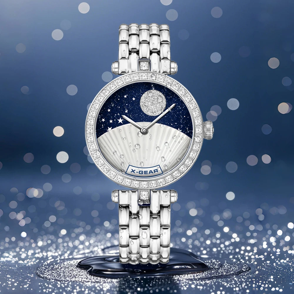 X-GEAR Luxury Exquisite Women's Quartz Watch with Luminous Stainless Steel Round Rhinestone Dial Gift for Friends Family