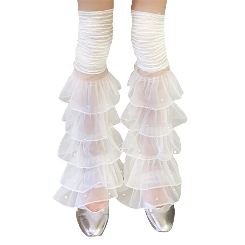 Women Organza Ruffled Lace Leg Warmers Tiered Tulle Patchwork Thigh High Socks Vintage Y2k Boot Cuffs Covers Long Socks