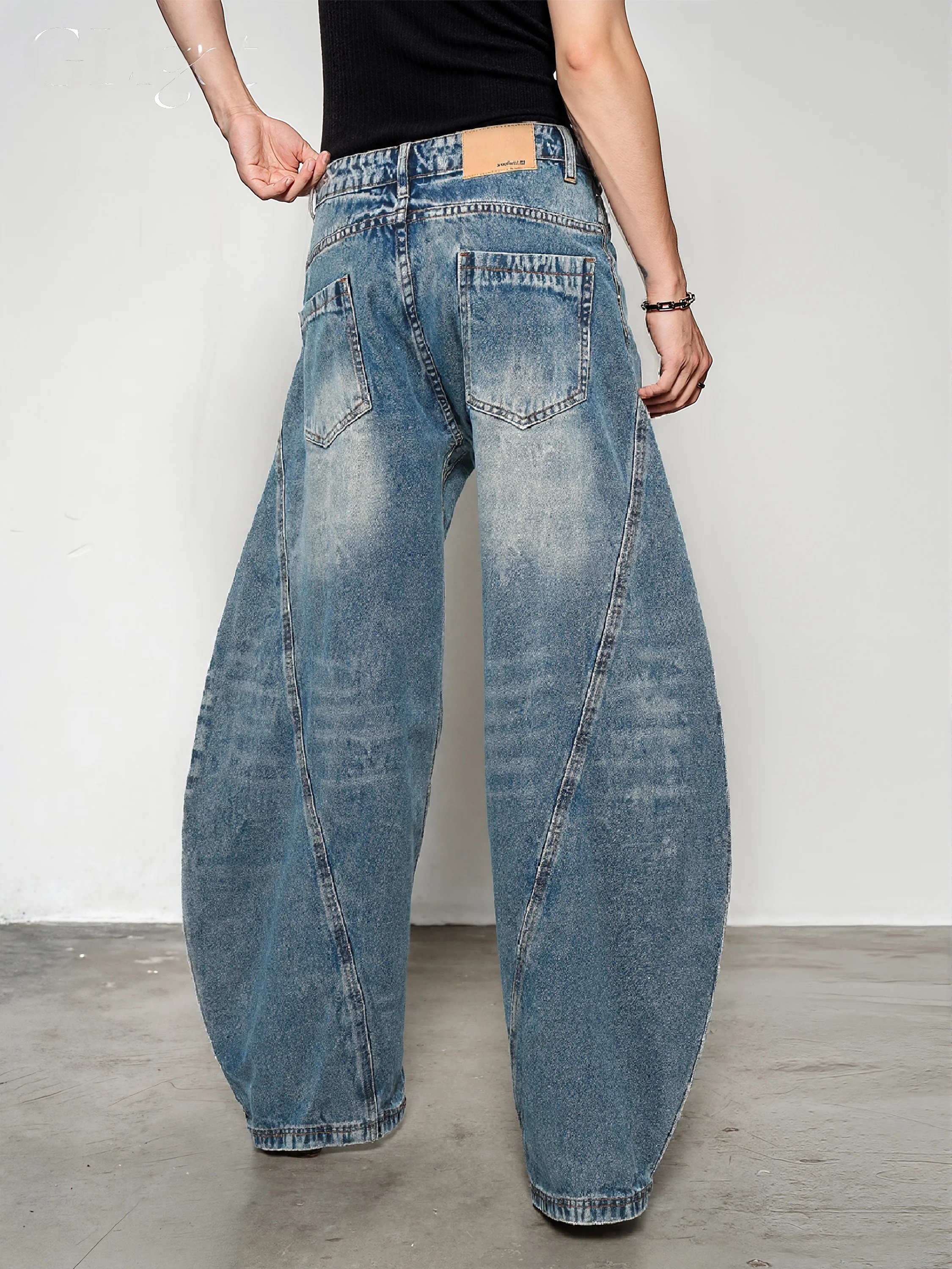 Amerykańskie retro szerokie jeansy z wysokim stanem, krój wide leg, modne młodzieżowe spodnie z bawełny denim, prosty krój, luźny krój, długie spodnie.