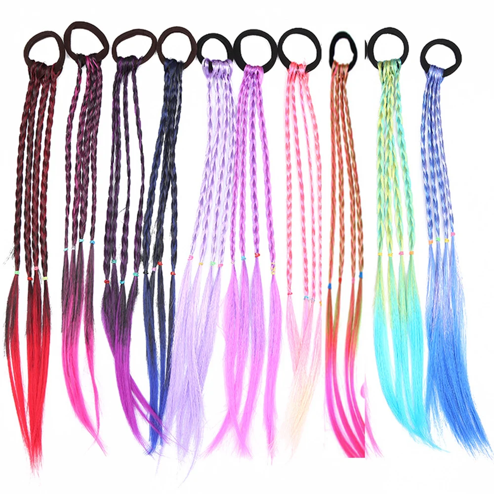 AZQUEEN estensioni coda di cavallo intrecciate lunghe colorate sintetiche con fascia elastica treccia arcobaleno coda di cavallo parrucchino per ragazza bambini