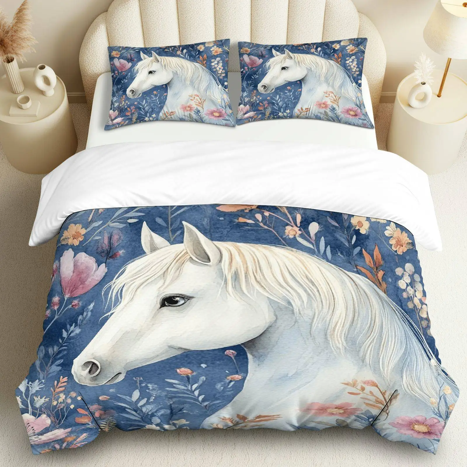 

3PCS Duvet Cover,1 Duvet+2 Pillowcases(Without filler), Horse Floral Nature Blue Animal theme, bedroom guest room hotel