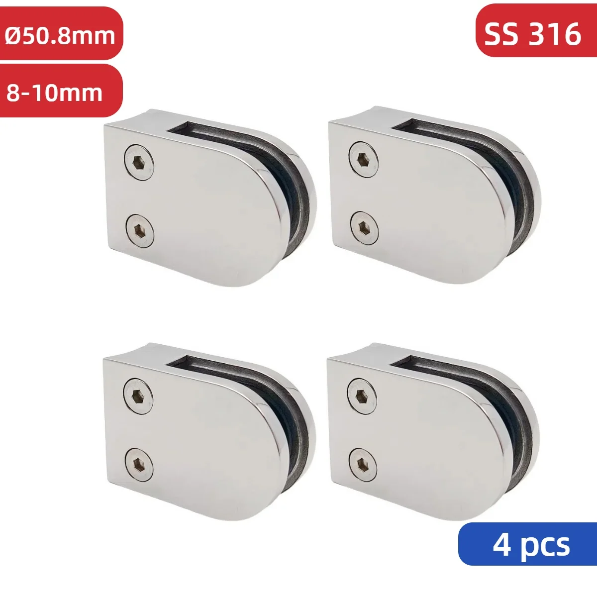 4 pcs 316 Stainless Steel Stair Glass Railing 50.8mm Balustrade Glass Clamps for 8~10mm Glass