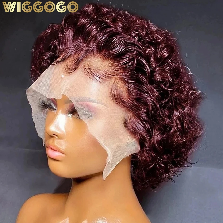 Wig Potongan Pixie Wiggogo 99J Wig Rambut Manusia Depan Renda Keriting Bob Pendek Warna Merah Anggur 13X1 Wig Frontal Renda Transparan Gelombang Dalam Air