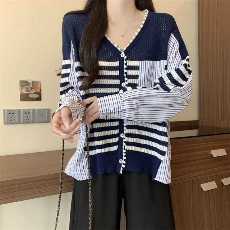 フェイクツーピース Vネック 長袖セーター シックジャケット コントラストカーディガン ボタン カジュアルファッショントップ