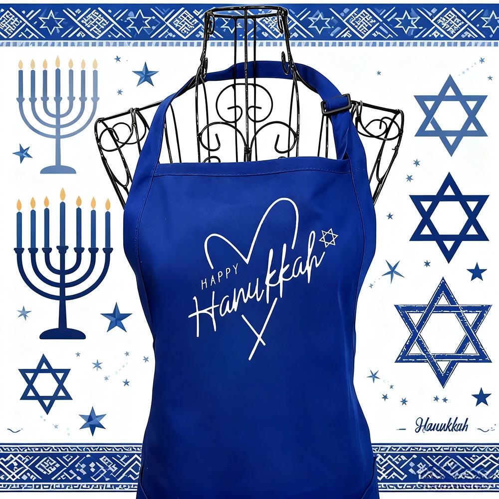 

Happy Hanukkah Blue Adult Apron for Christmas Hanukkah Jewish Holiday Cooking Apron Jewish New Year Gift Kitchen Decoration