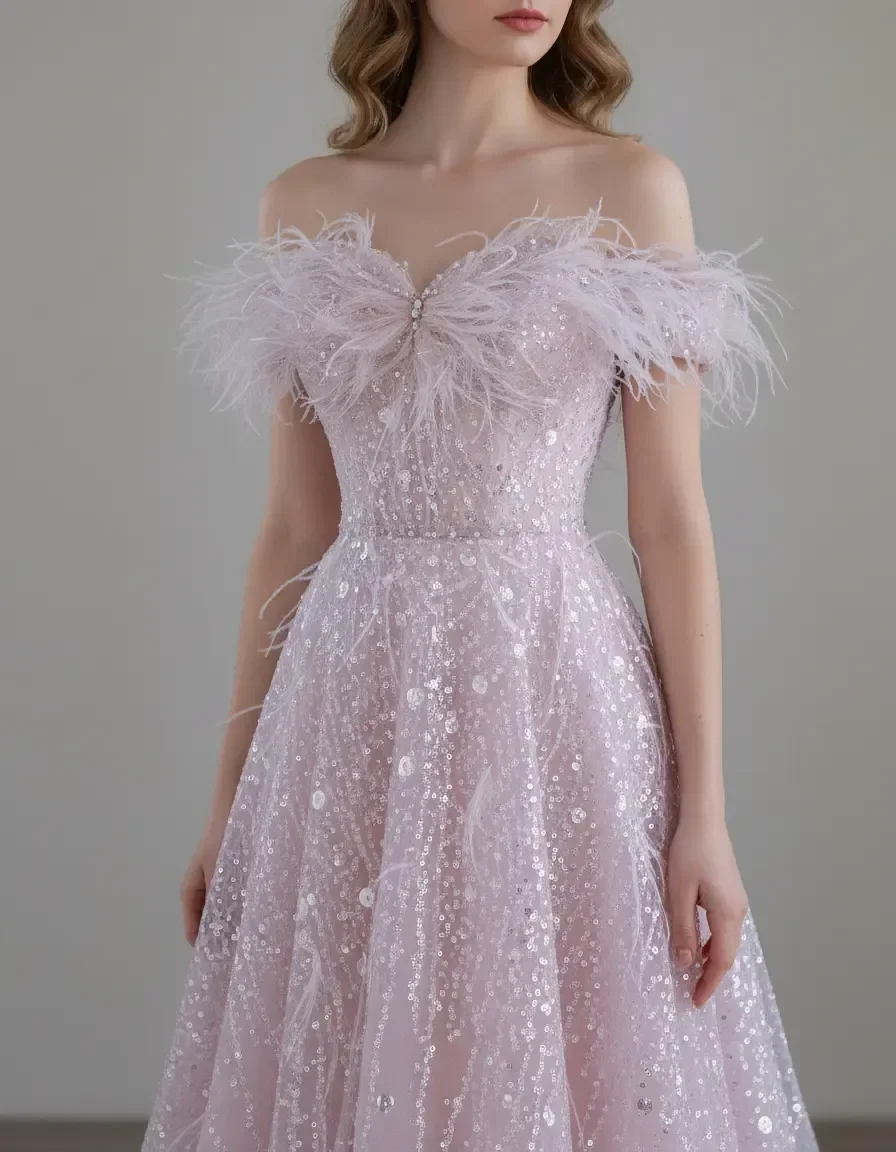 Pink Feather Off Shoulder Evening Dress A-Line Floor Length for Wedding Guest Quinceanera Graduation Birthday Banquet