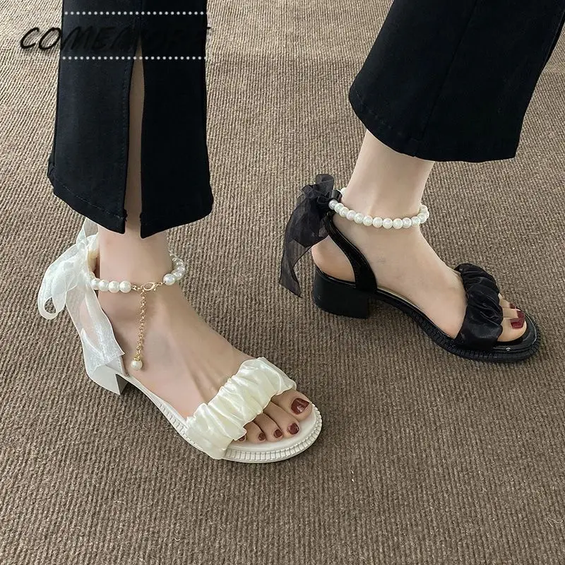 Middle Heels Elegant Female Sandal Fashion Women Platform Sandals Shoes 2024 Casual Buckle Strap Luxury Beige Comfort Round Toe