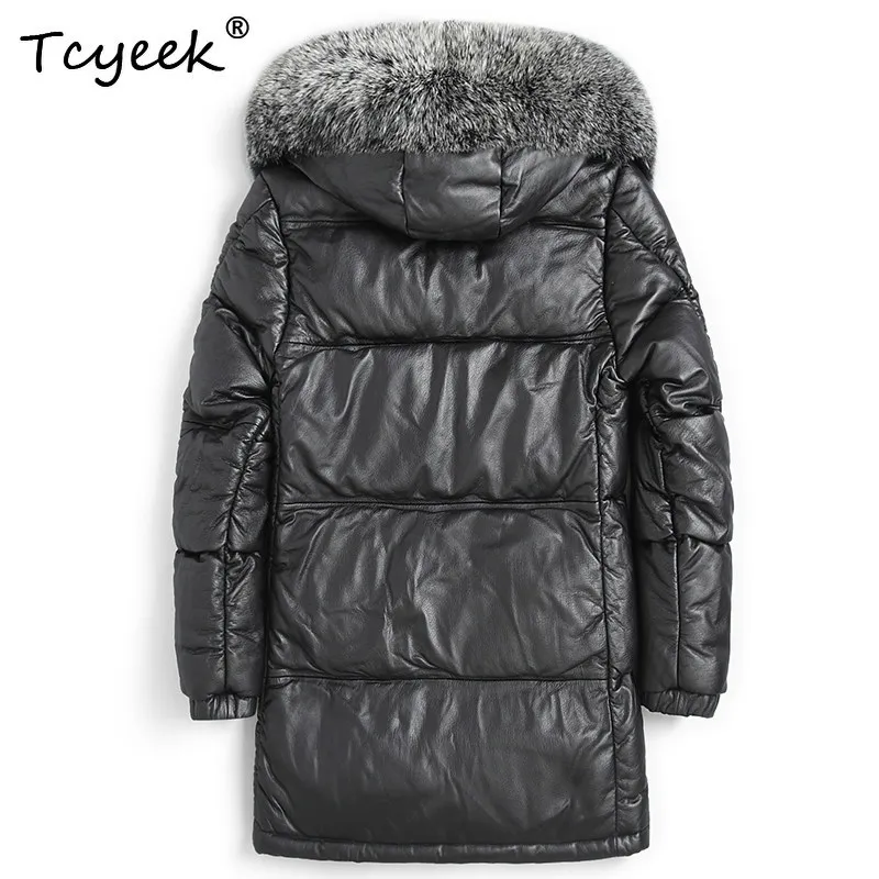 Tcyeek Natural Calfskin Real Leather Jacket Men Mid-length Down Coat Man Warm Sliver Fox Fur Collar Winter Clothes Down 500g