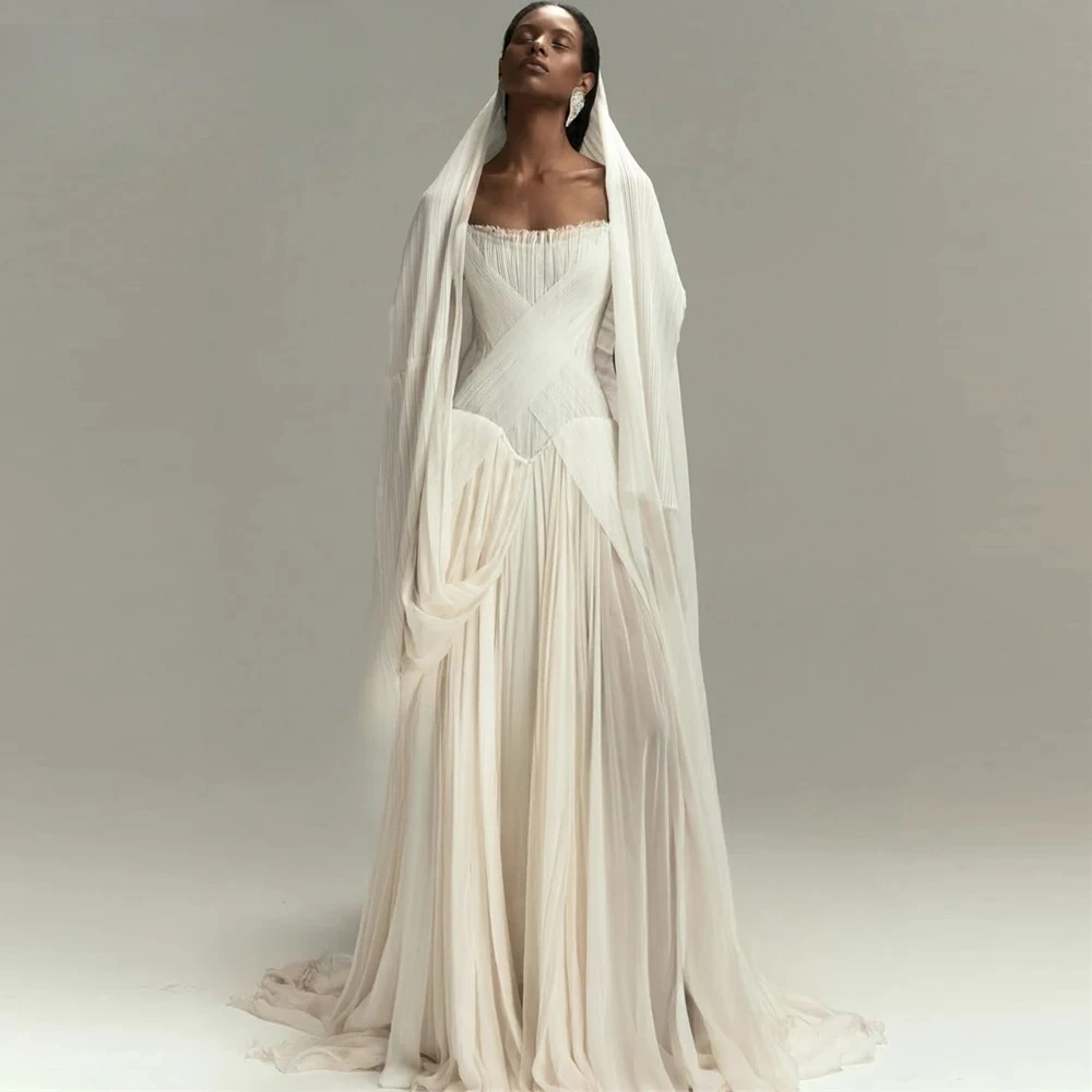 Ivory Elegant Chiffon Wedding Dresses Sleeveless Pleated A-Line Bridal Dresses Floor Length Formal Prom Gowns