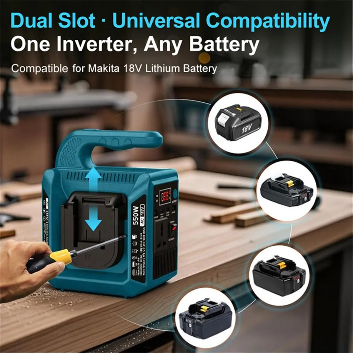 Power Inverter F 550W Pure Sine Wave Inverter with USB Type-C 110V AC Output for 18V Lithium Battery