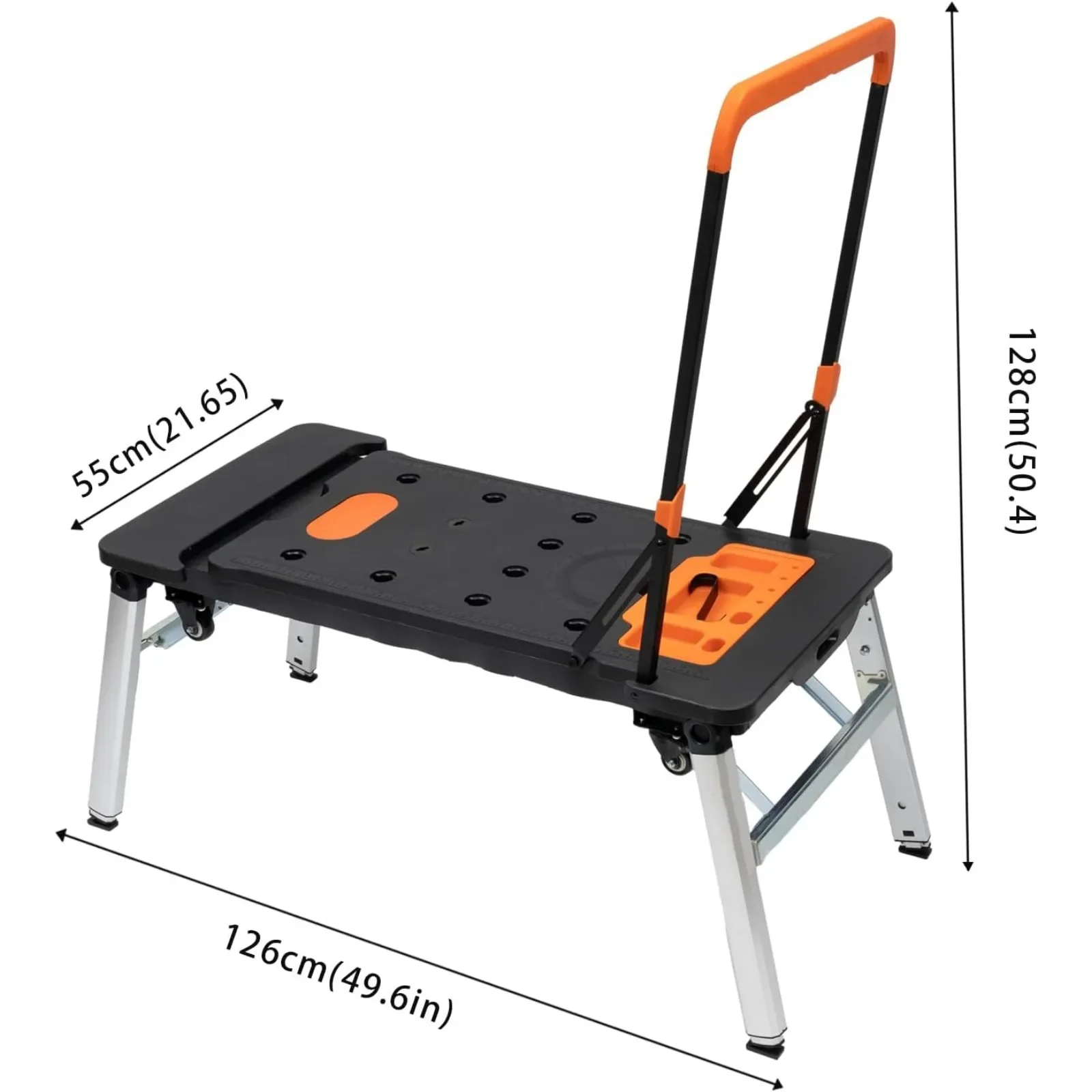 طاولة عمل معدنية سوداء متعددة الوظائف 7 في 1، 1090 × 550 مم، ارتفاع 520-780 مم، سعة تحميل 150/250 كجم